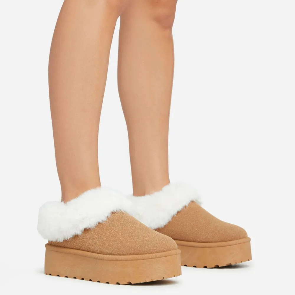 Core Faux Fur Trim Platform Slipper In Light Chestnut Faux Suede | EGO Shoes (US & Canada)