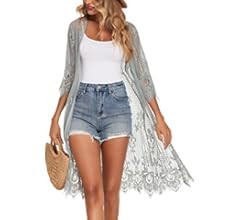 Chainscroll Women Casual Kimono 3 4 Sleeve Cover Up Crochet Lace Cardigans | Amazon (US)