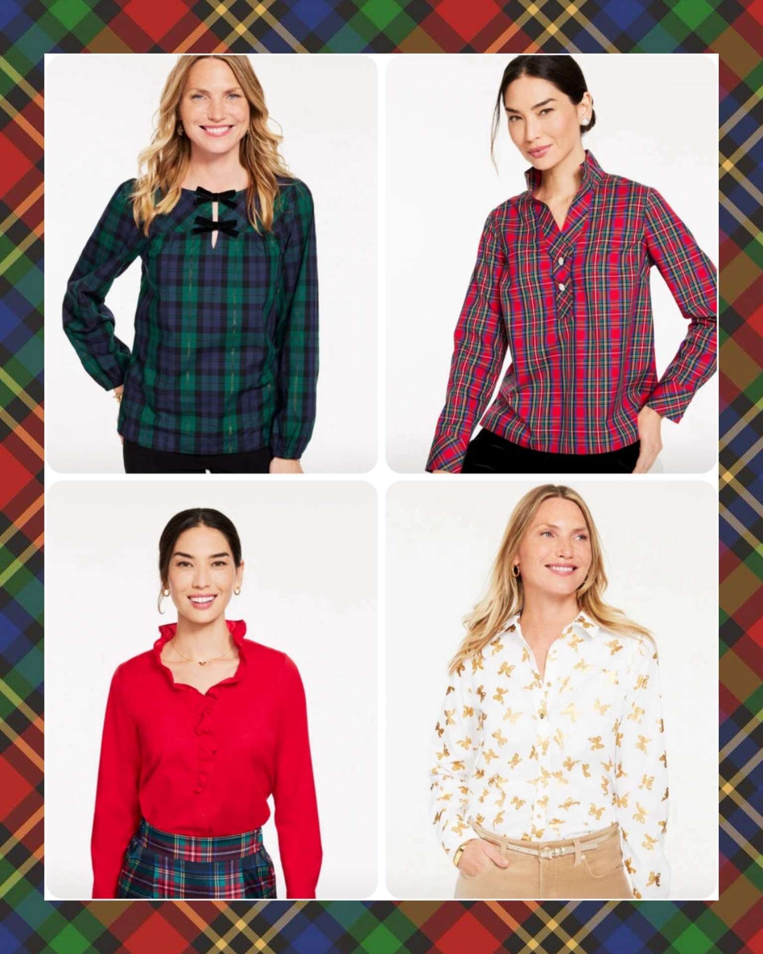 🎁 Holiday Tartan Blouse Picks from Talbots

These festive Talbots tops are perfect for holiday parties, work events, Christmas card photos, church, or pairing with your favorite tartan skirts and trousers. From classic plaids to pretty bows and ruffles, each one gives that polished holiday look you can wear all season long. I linked the exact pieces below, including the Merry Tartan bow top, rhinestone popover, ruffle-front red blouse, and the adorable gold bow print. 🎄✨

Add them to your winter wardrobe for an instantly elevated and timeless holiday style. Pair with black pants, tartan skirts, wide-leg pull-on trousers, or your favorite denim for the cutest seasonal outfit ideas. 💁🏼‍♀️🎁❤️💚

⸻

holiday tops • Christmas blouses • tartan shirts • plaid popover • Talbots holiday • red ruffle top • gold bow shirt • winter outfit inspo • holiday outfit ideas • Christmas outfit

#LTKWorkwear #LTKCyberWeek #LTKHoliday