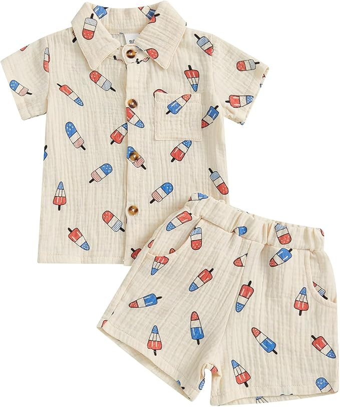 Baby Boy 4th of July Clothes Popsicle Muslin Button Down Short Sleeve Shirts and Shorts Set Toddl... | Amazon (US)