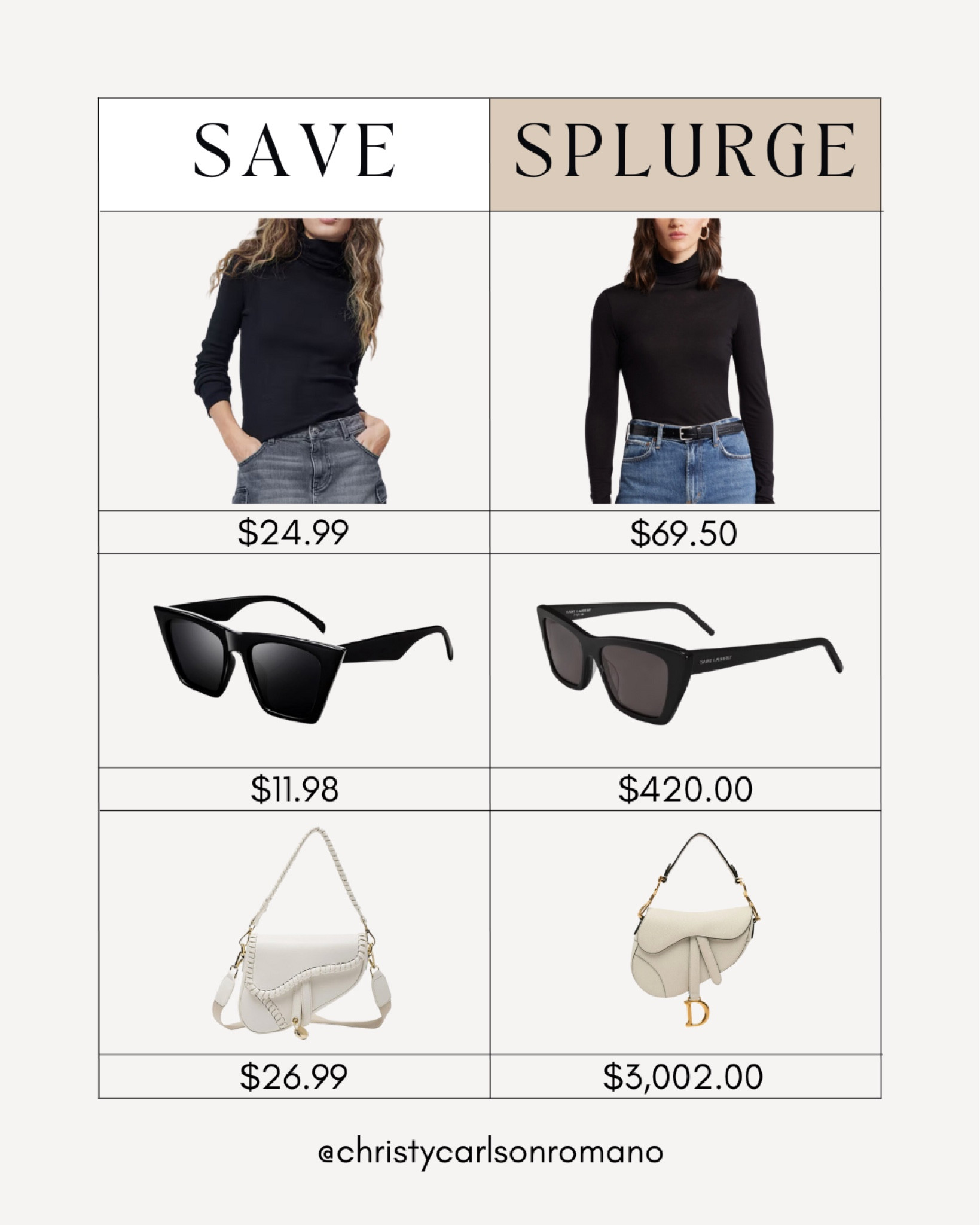 Same style, different price tags! Here are some affordable alternatives to this minimalist black long sleeve turtle neck top, oversized sunglasses, and white Dior-inspired saddle bag.
#lookforless #fashionaccessories #styleinspo #luxurylook

#LTKItBag #LTKSeasonal #LTKStyleTip