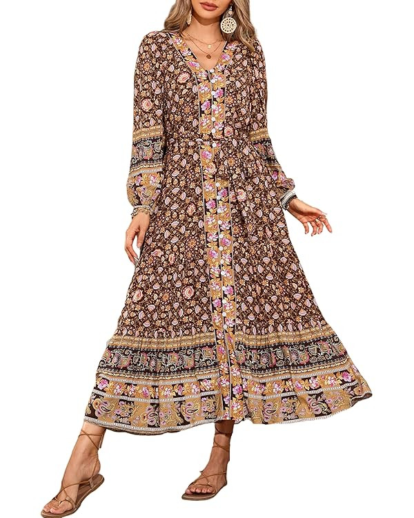Womens V Neck Bohemian Floral Midi Dress Button-Down Front Detachable Belt Casual Flowy Vacation ... | Amazon (US)