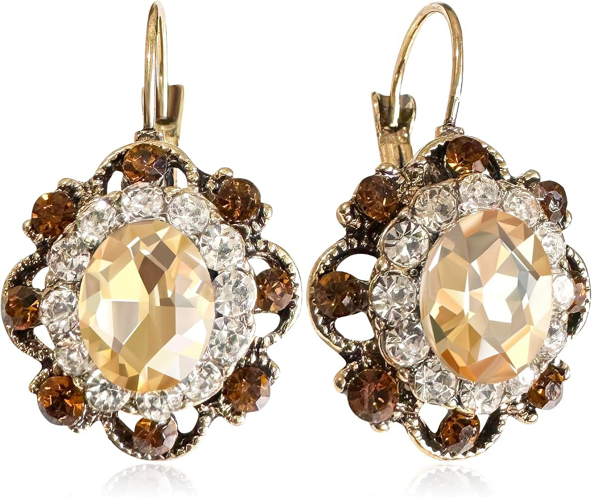 GPASTG Handmade Bohemian Vintage Gold Sparkly Crystal Round Flower Leverback Earrings Cute Rhines... | Amazon (US)