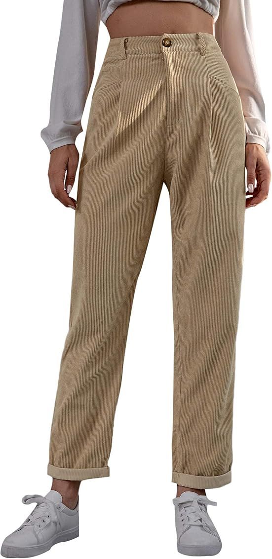 SOLY HUX Women's High Waisted Straight Leg Corduroy Pants Trousers with Pocket | Amazon (US)