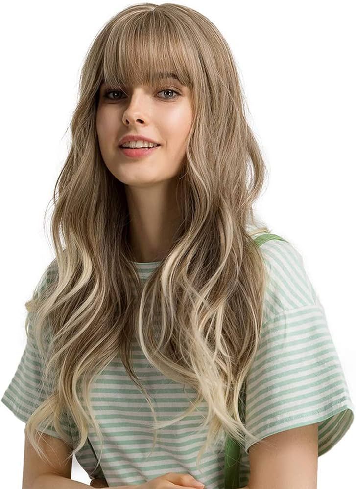 Esmee 24" Wigs for Women Synthetic Wigs Long Wavy Blond with Fluffy Air Bangs Light | Amazon (US)