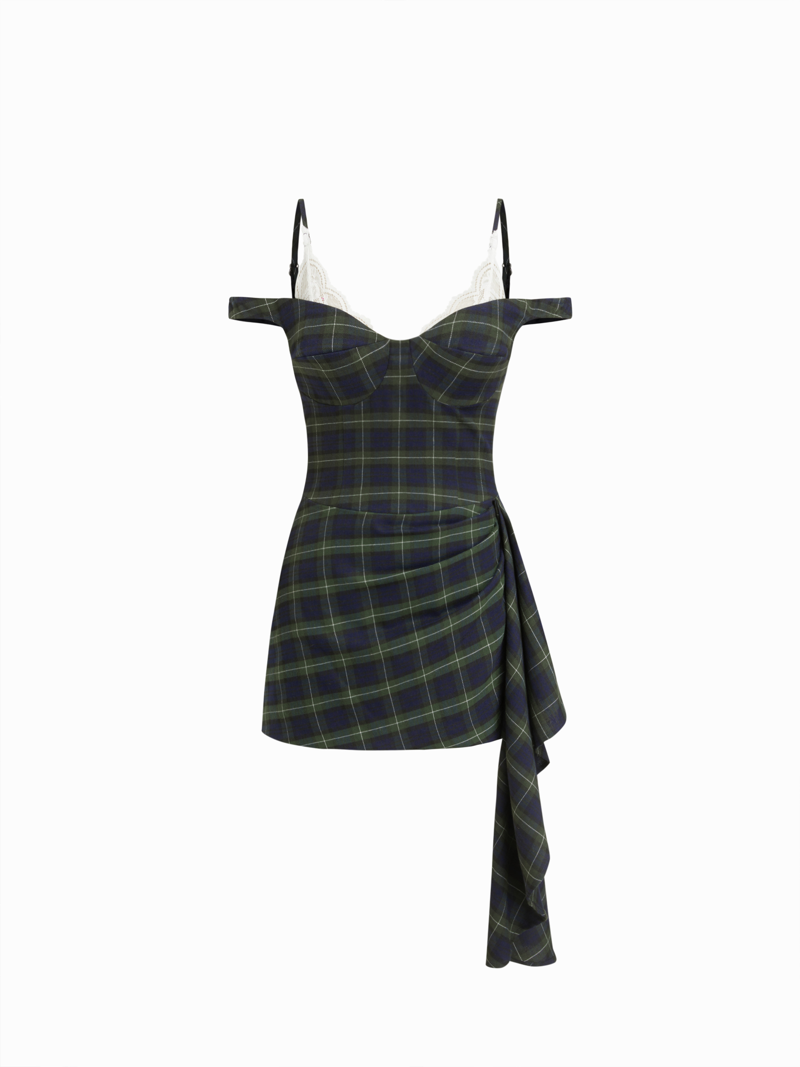 Woven Sweetheart Plaid Lace Trim Ruched Mini Dress For Daily Casual | Cider