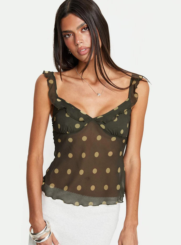 Zayliah Frill Detail Top Green Polka | Princess Polly US