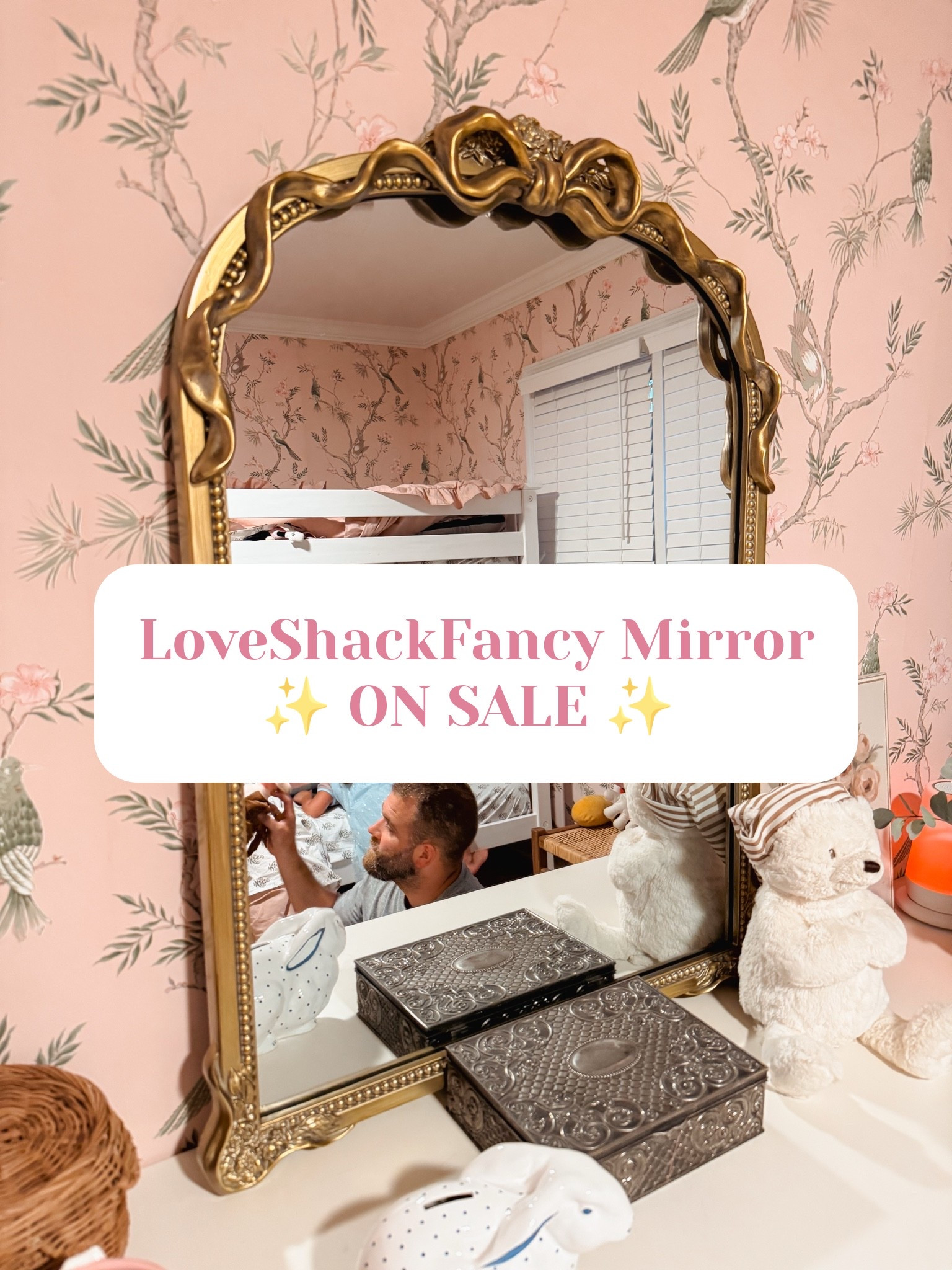 The LoveShackFancy x Pottery Barn Gold Bow Mirror is one of my favorite finds for our girls’ shared bedroom! This vintage-inspired gold mirror instantly adds charm, elegance, and a timeless grandmillennial look to any nursery, girls’ room, bedroom, or vanity. I can’t believe it’s on clearance—it completely transformed this space and became the perfect finishing touch. If you’ve been searching for a gold bow mirror, girls’ room decor, Pottery Barn mirror, LoveShackFancy decor, nursery inspiration, or vintage-inspired home decor, this is one you’ll want to grab before it sells out. Shop the mirror and all of my girls’ room favorites here! ✨🎀🤍

#LTKHome #LTKKids #LTKSeasonal