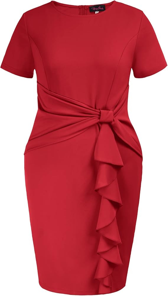Hanna Nikole Wmens Plus Size Wear to Work Dress 50s Vintage Ruffle Peplum Cocktail Pencil Knee Dr... | Amazon (US)