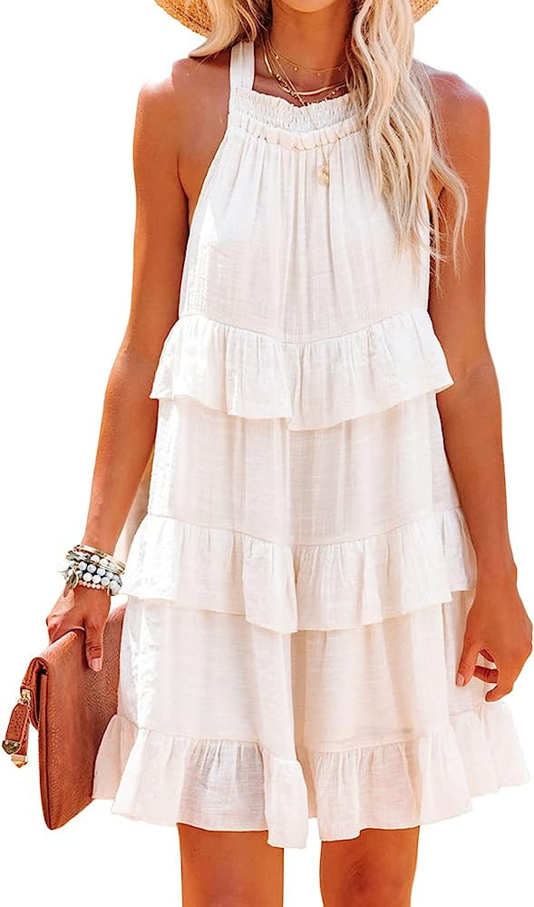 AlvaQ Women's 2023 Summer Halter Neck Sundress Casual Sleeveless Ruffle Tiered A Line Flowy Short... | Amazon (US)