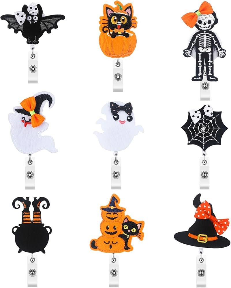 BBTO 9 Pcs Halloween Badge Reel with Clip Felt Nurse ID Badge Holder Retractable Ghost Skull Pump... | Amazon (US)