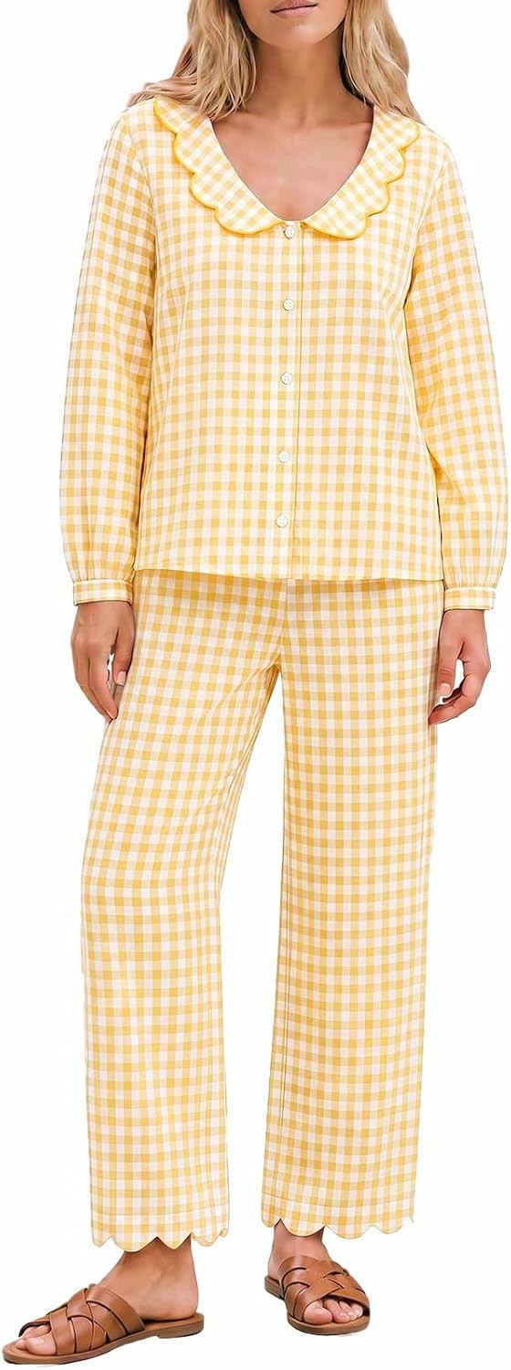 Tankaneo Womens Gingham Pajama Set Scalloped Collar Button Down Lounge Pant | Amazon (US)