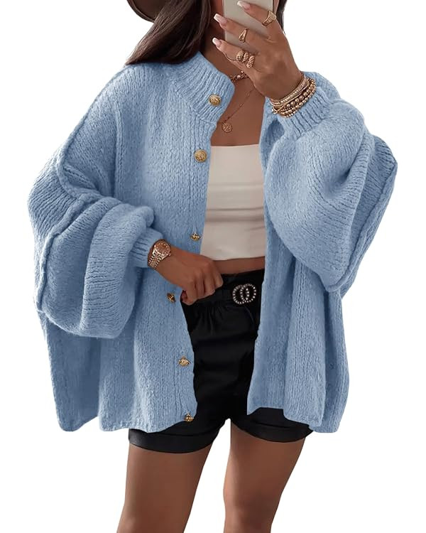 Saodimallsu Womens Oversized Cardigans Long Lantern Sleeve Button Down Chunky Knit Loose Fall Swe... | Amazon (US)