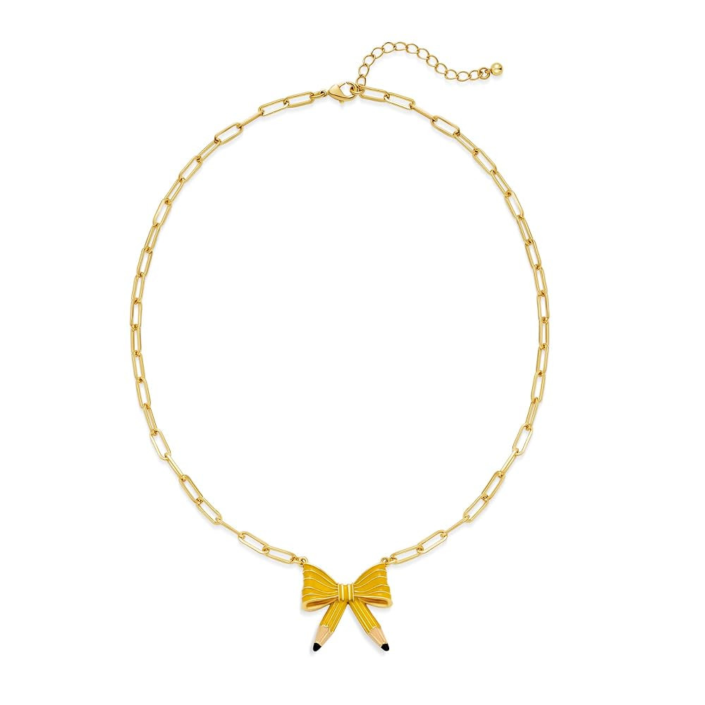 Cute Teacher Necklace For Women Yellow Enamelled Pencil Bow Pendant Necklace With Gold Chain Back... | Amazon (US)