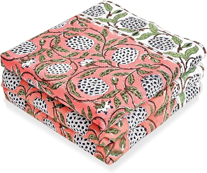 Ridhi Dark Salmon Pink Hand Block Print Waffle Kitchen Towel Set of 3-16 x28 Ultra Absorbent Quic... | Amazon (US)