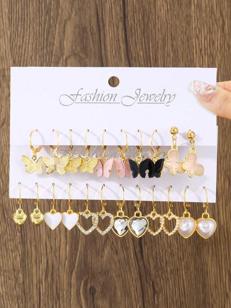 Earpiece Set For Women, Simple Love Butterfly Faux Pearl Rhinestone C-Shaped Circular Earrings, Perfect For Dates Or Vacations, As A Valentine'S Day Gift,Mom,Mother,Mother's Day,Gift | SHEIN