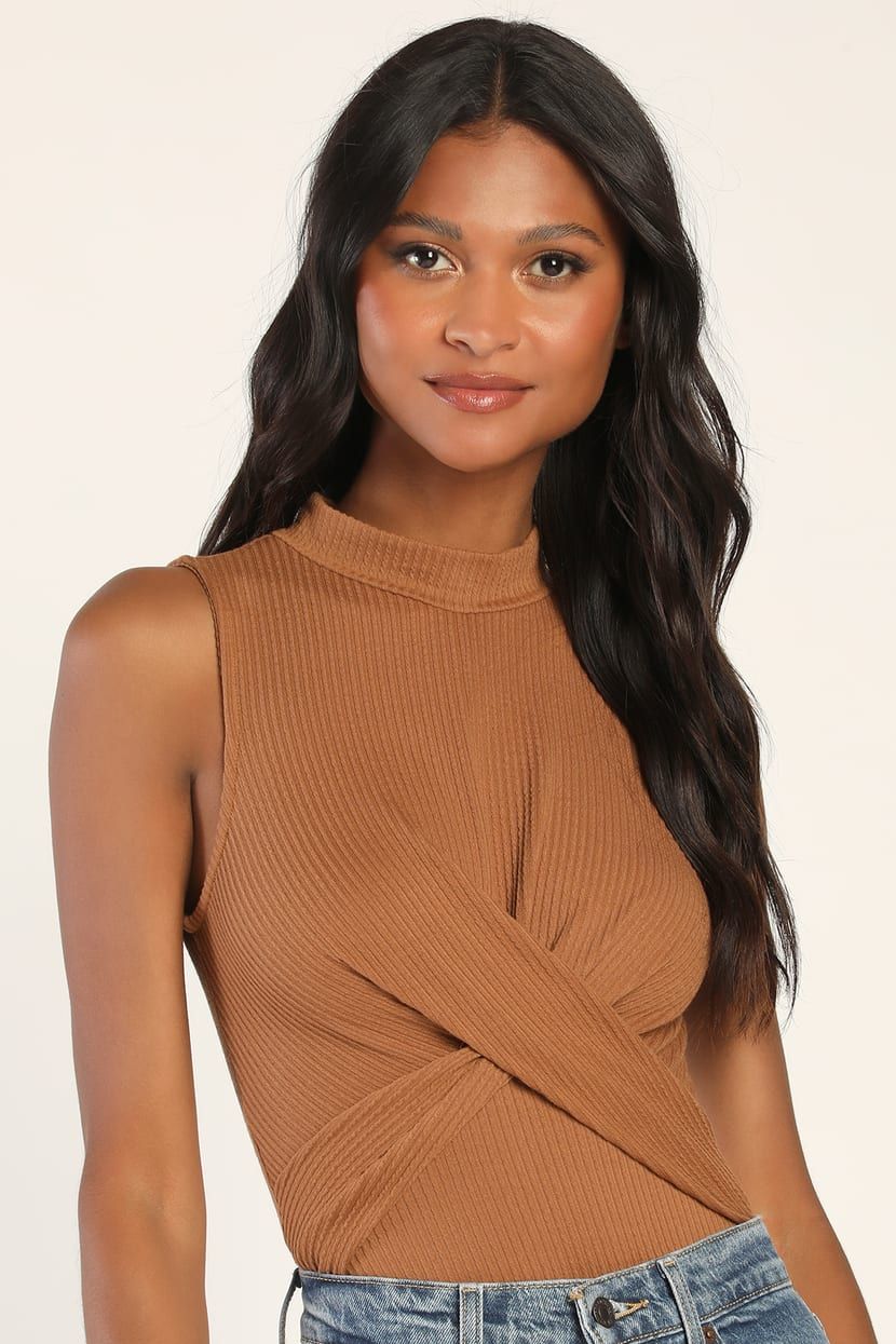 Twist Time Brown Textured Twisted Ribbed Mock Neck Bodysuit | Lulus (US)