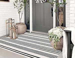 Black and White Outdoor Rug 3'x 5' Front Porch Rug Cotton Hand-Woven Striped Rug Machine Washable... | Amazon (US)