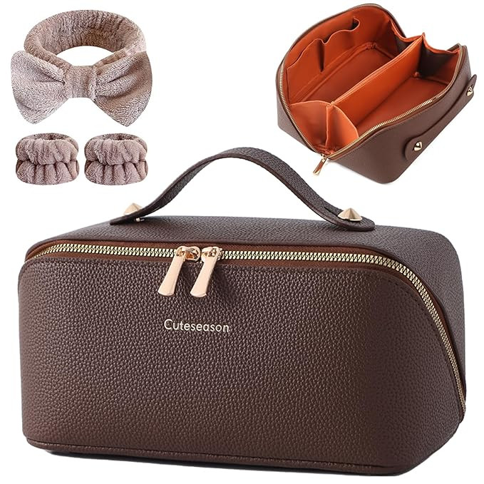 Structured Leather Makeup Bag for Women, Wide Opening Travel Cosmetic Case, Large Capacity Box St... | Amazon (US)