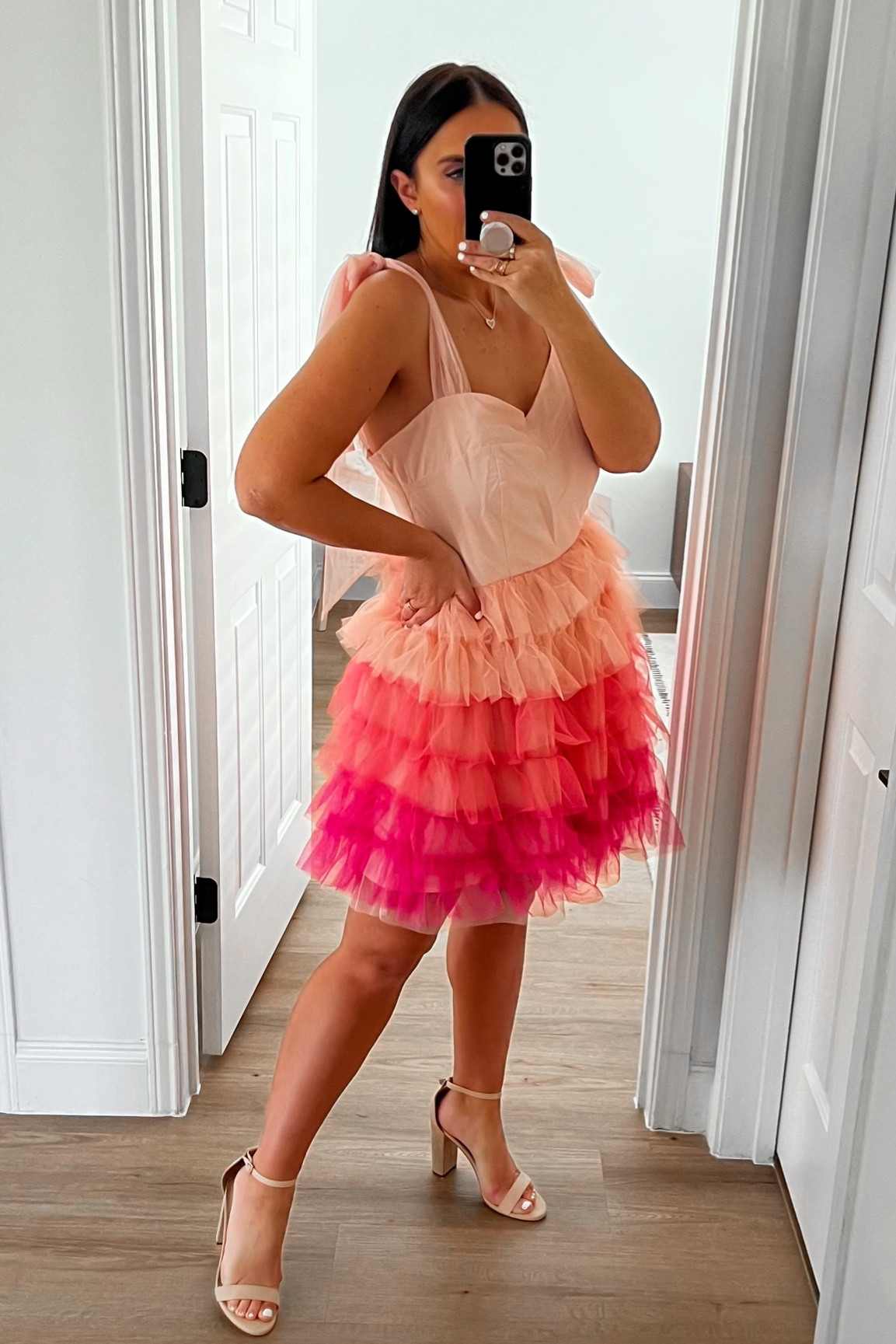 Red Dress Chic Little Thing Pink Multi Dress wearing size Medium. Women's Hi-Chunk High Heel Pump Sandals wearing size 9. Kendra Scott Ari Heart Gold Pendant Necklace