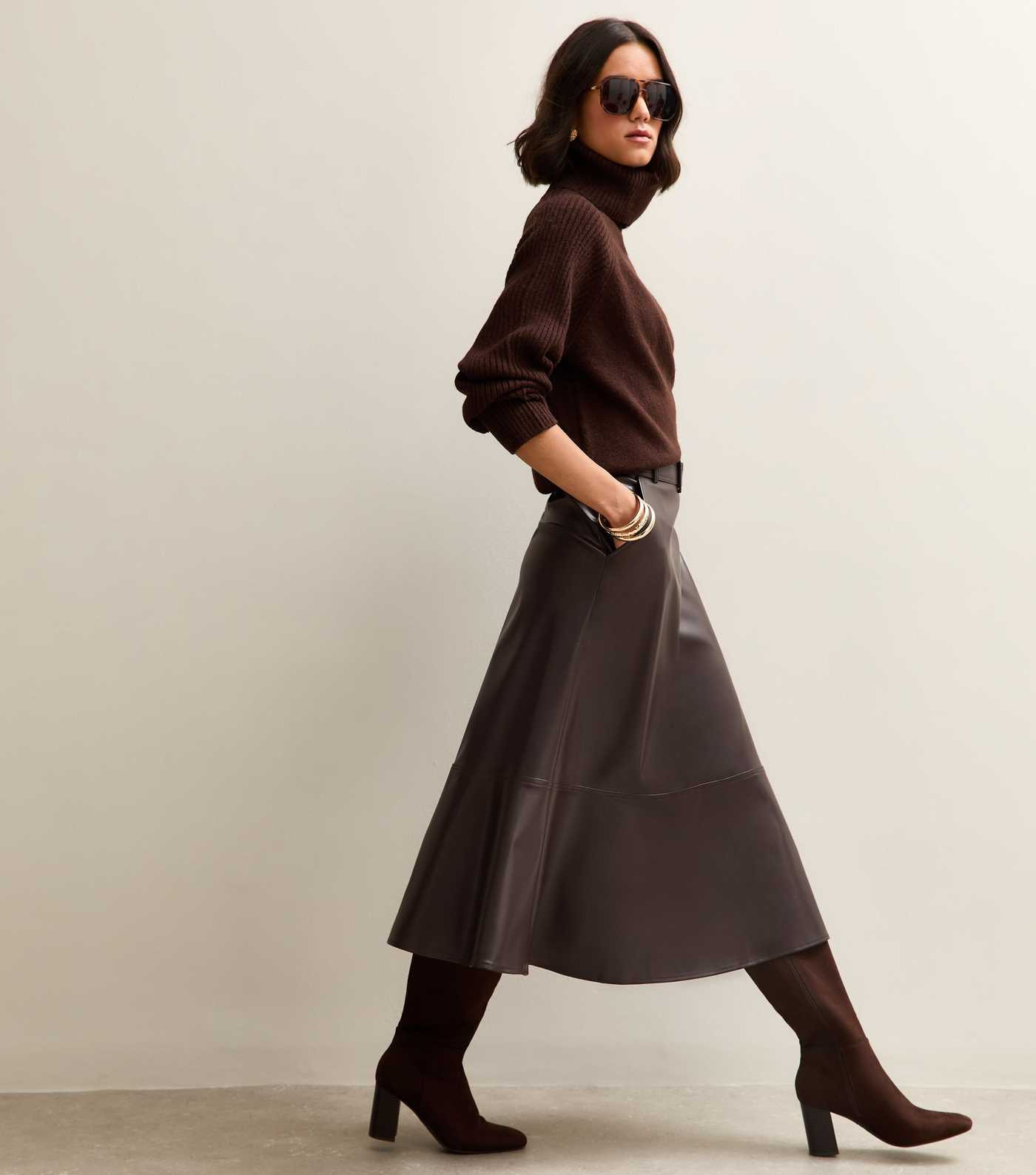 Brown Faux Leather Belted Midi Skirt | New Look | New Look (UK)