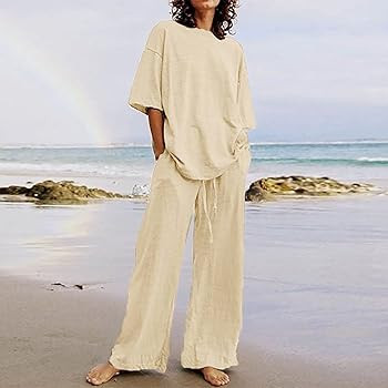 kcdigr Cotton Linen Two Piece Outfits for Women Fall Casual Elastic Waist Palazzo Pants + Long Sl... | Amazon (US)