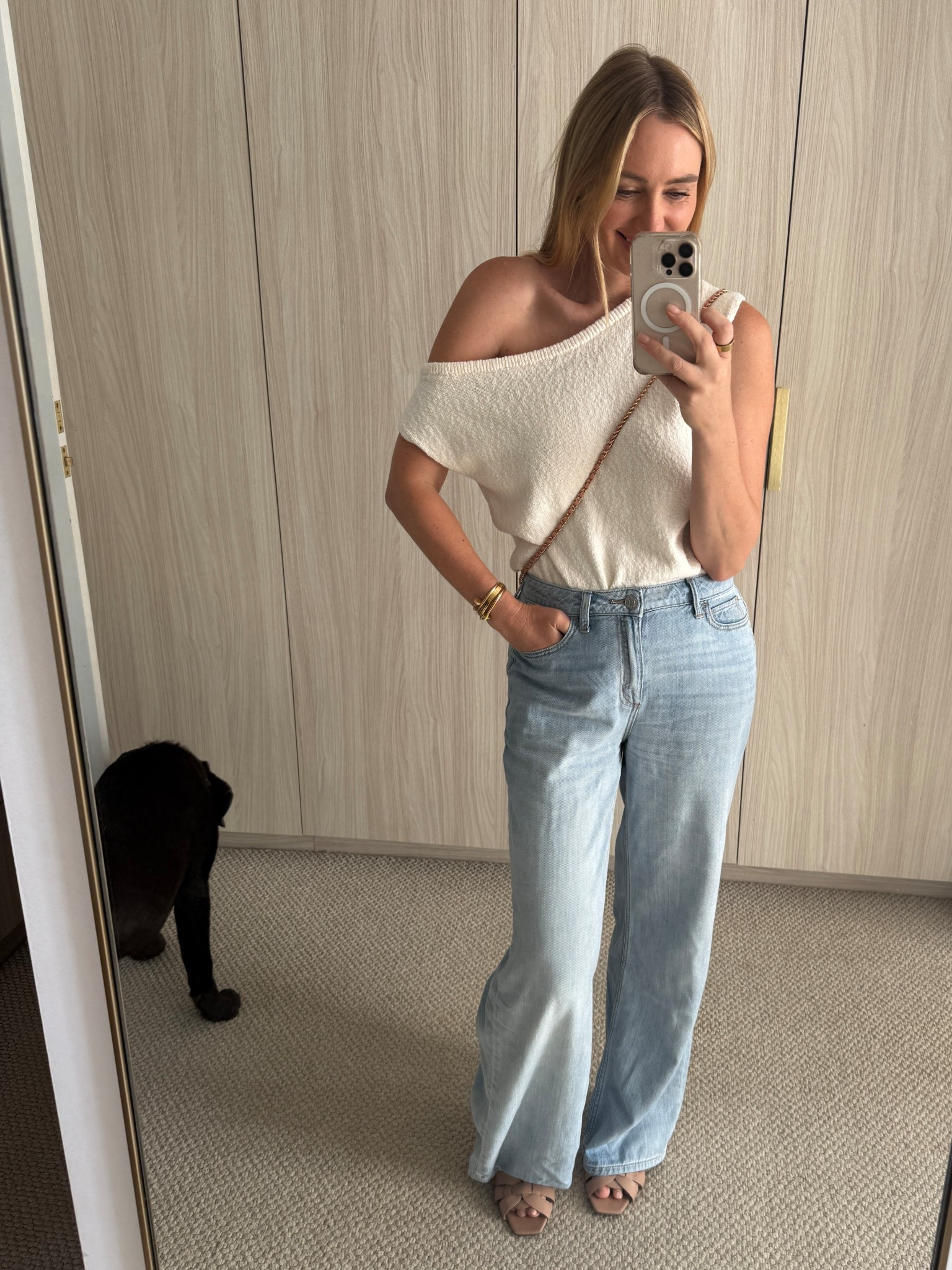 Always a Labrador photo bombing my #ootd shots 📸- Wearing Jag jeans and jag knit top. Shoes YSL tribute slides. Bag not show, but pink Chanel. 

#LTKspring #LTKworkwear #LTKstyletip