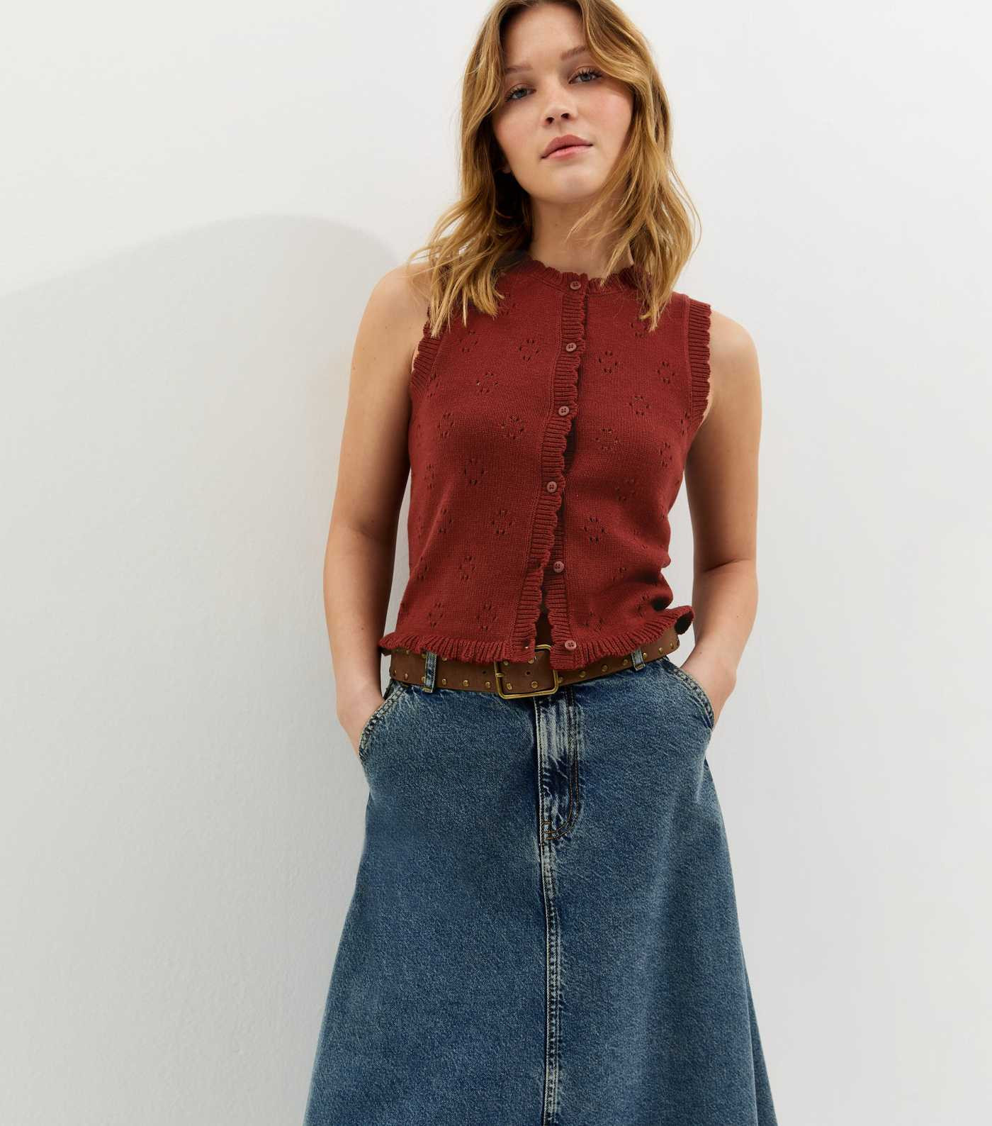 Dark Red Cotton Rich Stitch Detail Scallop Trim Waistcoat | New Look | New Look (UK)