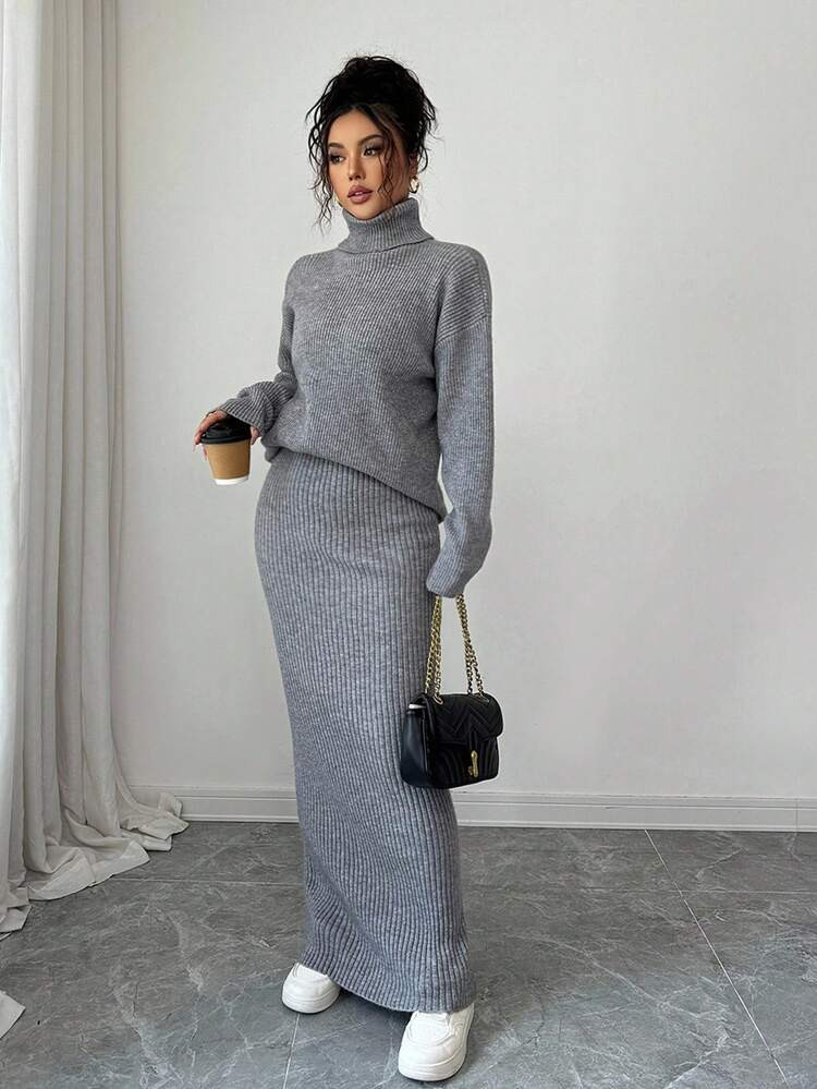 Elenzga 2pcs Women Classic Ribbed Texture Casual Knit Sweater Set, Autumn/Winter | SHEIN