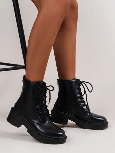 Zip Back Lace-up Front Platform Combat Boots | SHEIN