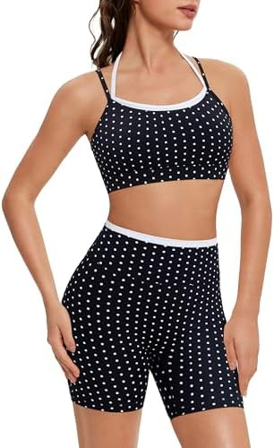 OMKAGI Workout Sets for Women Cute Doubel Layer Open Back Sports Bras Gym Shorts Outfits | Amazon (US)