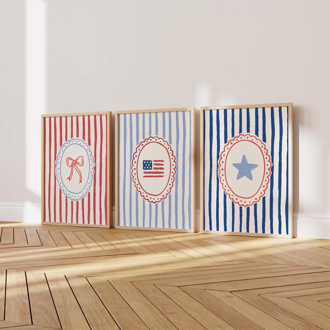 Fourth of July Wall Art, Digital Art Download, Set of 3, Cute America Art Prints, Trendy Striped ... | Etsy (US)