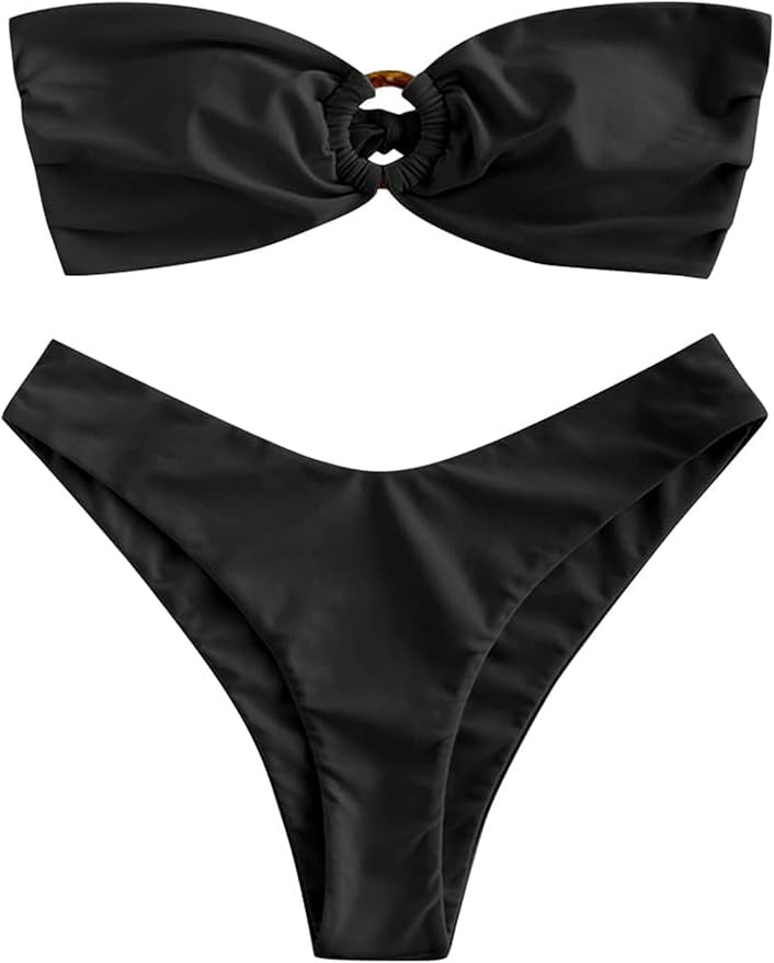 ZAFUL Women's Bandeau Bikini O Ring Strapless Tie Back High Cut Two Piece Swimsuit Bathing Suits ... | Amazon (US)