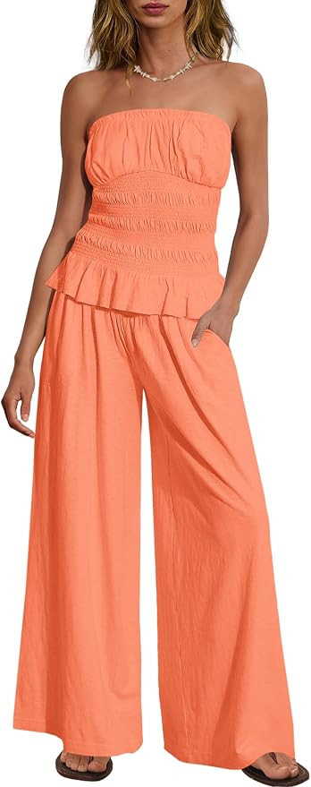 Yanekop Womens 2 Piece Lounge Set Tube Top Set Pants Sets 2 Piece Outfits | Amazon (US)
