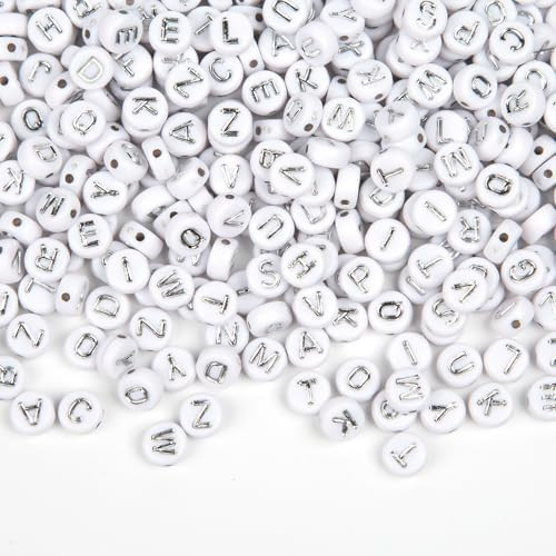 MAOSIYUE Letter Beads A-Z 1000+Pcs, White Acrylic Alphabet Beads 4x7mm Round Beads with Silver Letters for Friendship Bracelets, Necklaces, Keychains, DIY Jewelry Making(Silver) | Amazon (US)