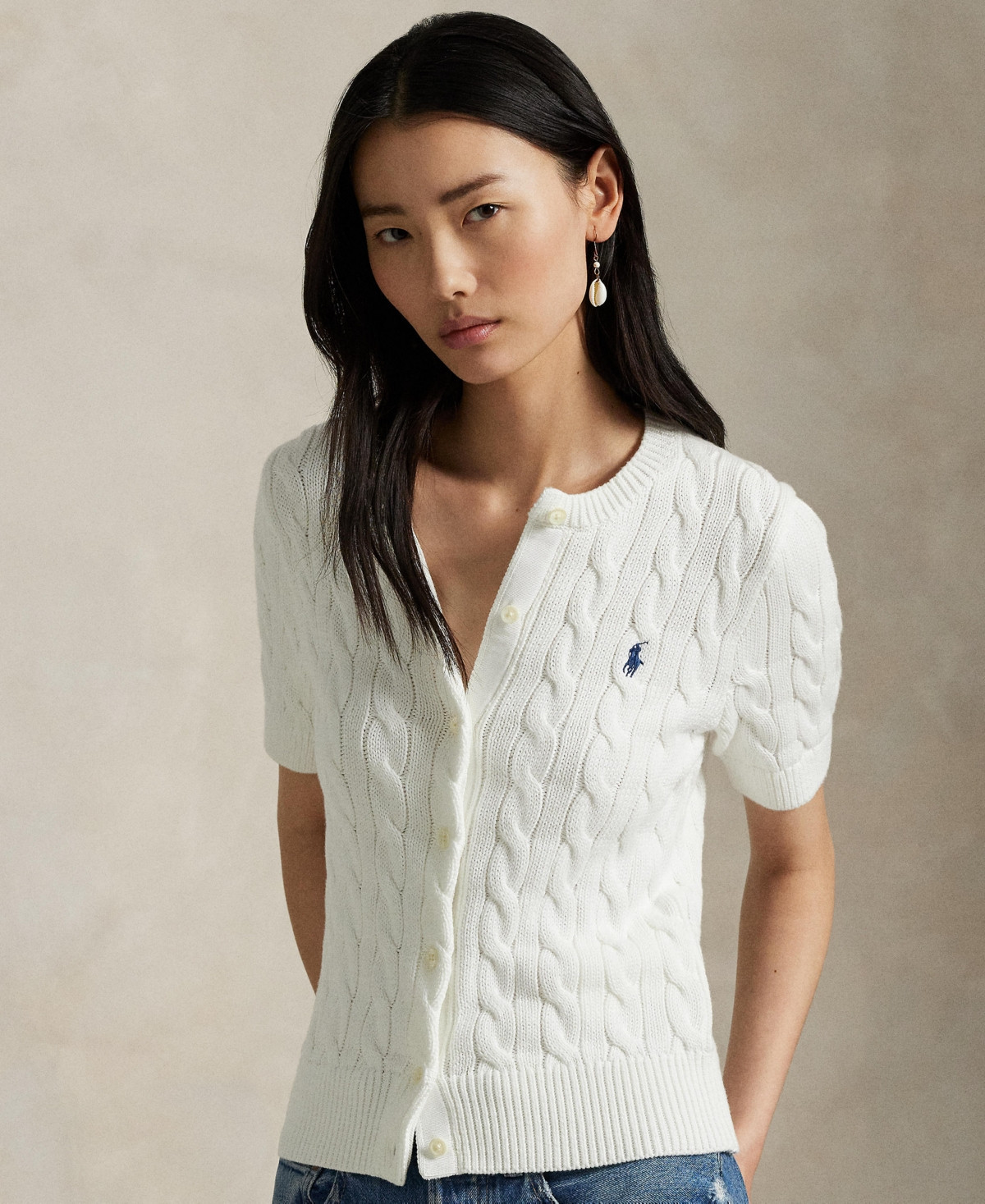 Polo Ralph Lauren Women's Cable-Knit Cotton Short-Sleeve Cardigan - White | Macy's