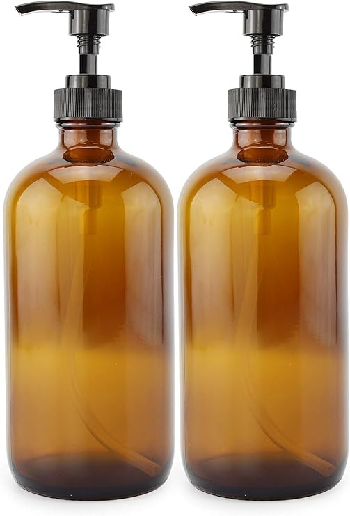 16-Ounce Amber Glass Bottles w/ Pump Dispensers (2-Pack); Refillable Lotion Liquid Soap Pump Brow... | Amazon (US)