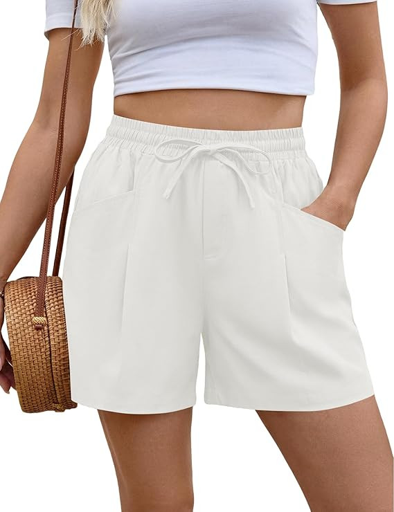 Rapbin Womens Shorts Summer Linen Cotton Wide Leg Drawstring Elastic Waist Casual Shorts with Poc... | Amazon (UK)