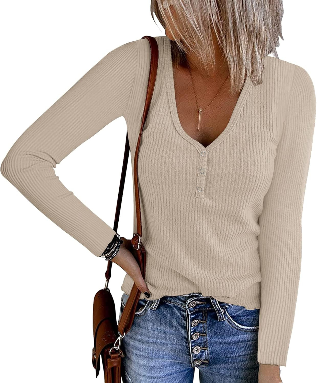 PAPOSON Women's V-Neck Snaps Button Ribbed Knit Henley Tops Long Sleeve Basic Tunics Solid Slim-f... | Amazon (US)