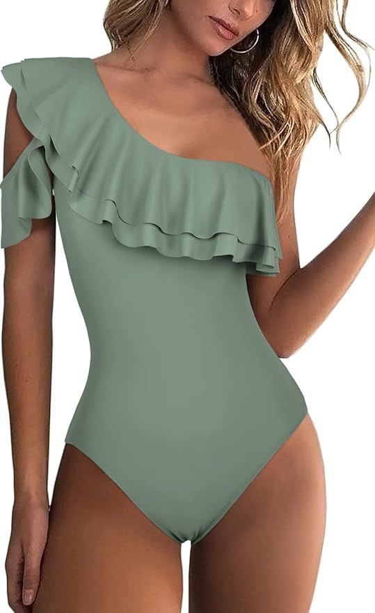 Hilor Women's One Shoulder Swimwear Asymmetric One Piece Swimsuits Ruffled Bathing Suits | Amazon (US)