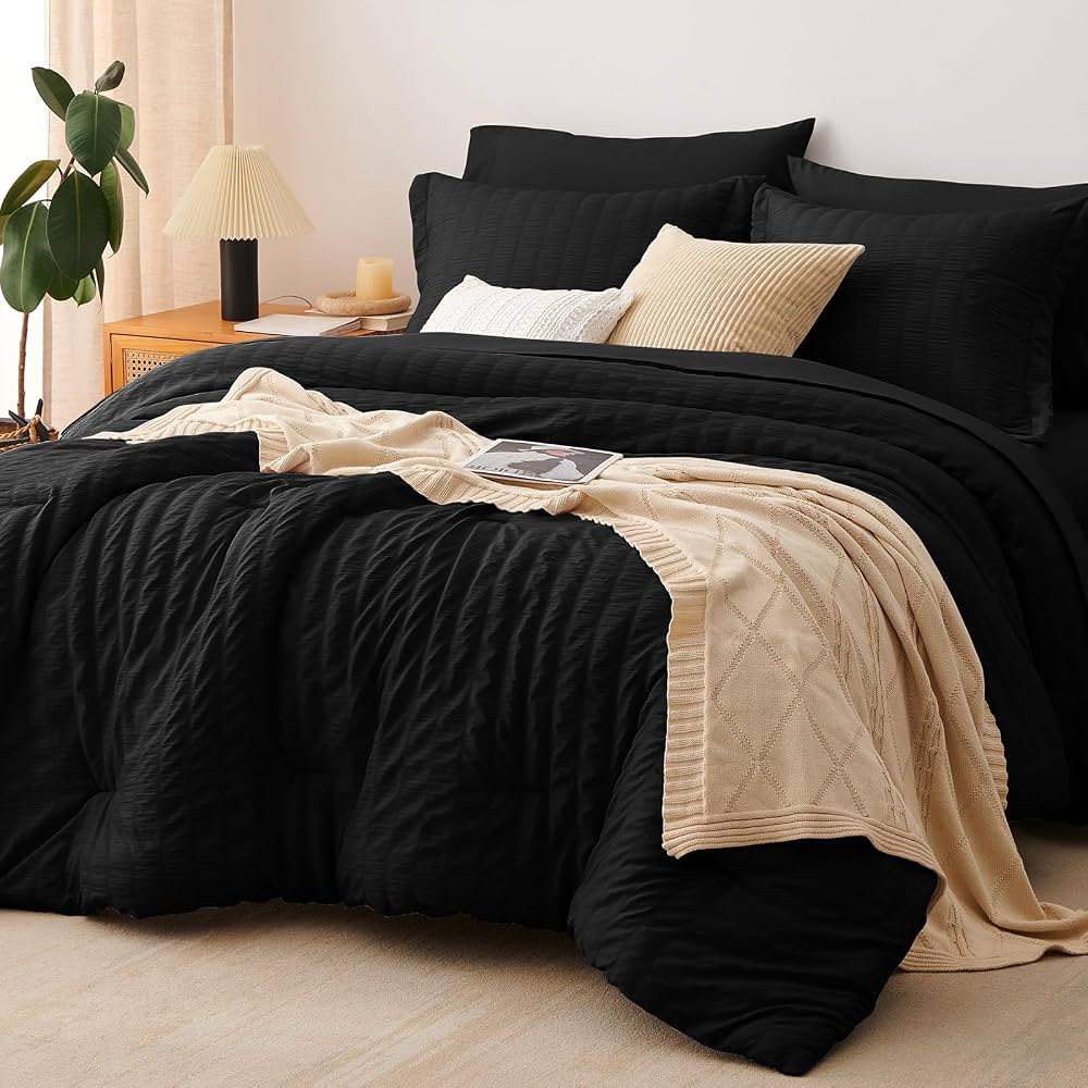 CozyLux Queen Comforter Set Black Seersucker 7 Pieces Bed in a Bag Queen Comforter Set with Sheet... | Amazon (US)