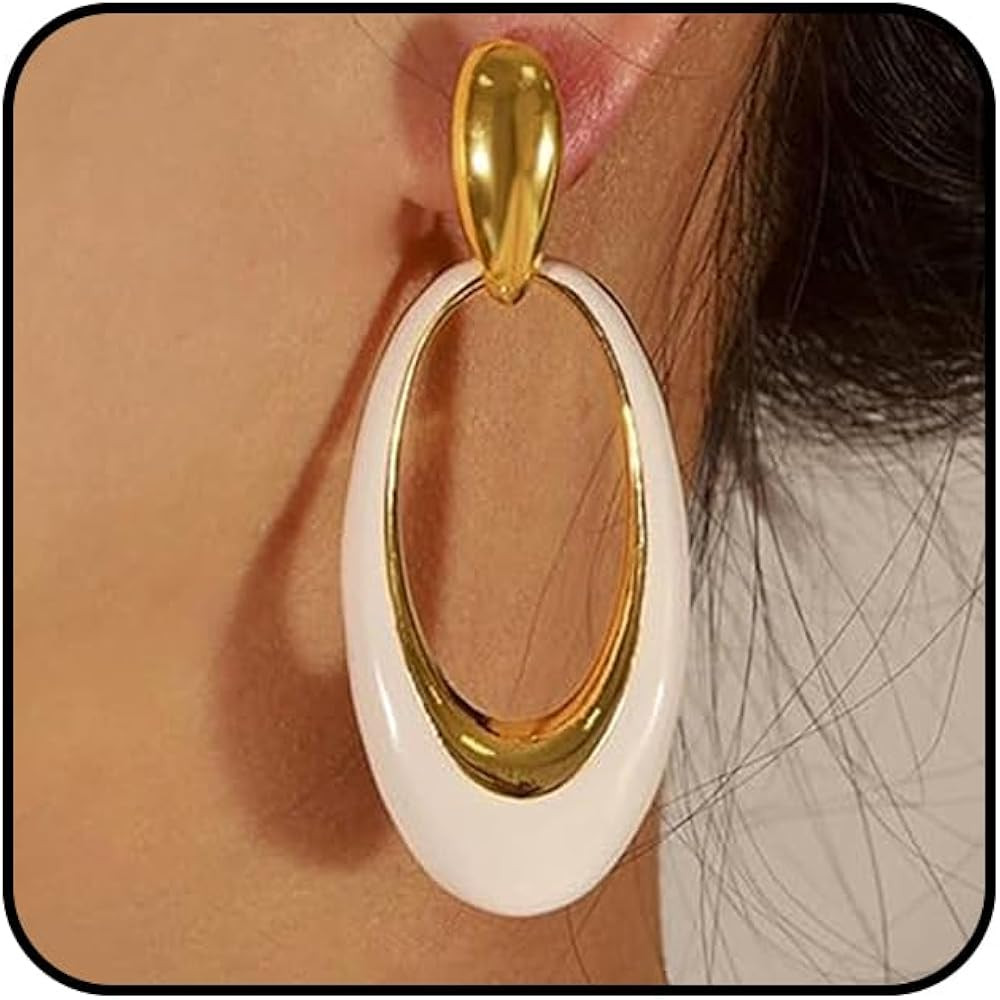Gold Enamel Oval Dangle Earrings for Women Dripping Oil Large Hollow Geometric Drop Earrings Exag... | Amazon (US)