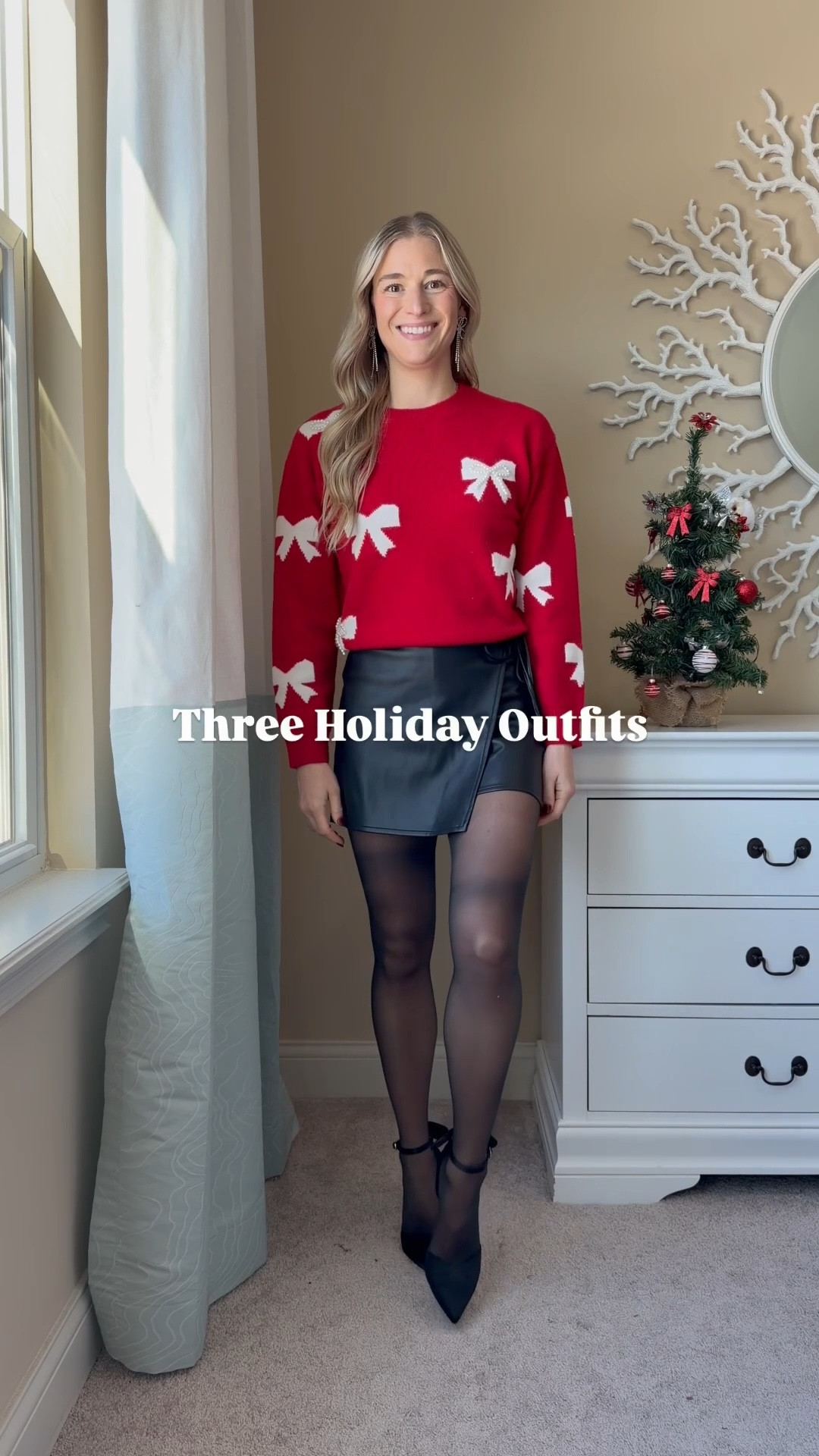 Three holiday outfits I’m obsessed with this season! 🎄✨ Two adorable bow sweaters styled with a faux leather skirt, plaid skirt, and a sparkly sequin skirt — all so festive and fun! Everything is XS TTS and booties are size 7. Perfect for Christmas parties, family gatherings, and every holiday event! ❤️🎁🎀🎀🎀🎀🎀🎀🎀🎀🎀🎀🎀🎀
holiday outfit. Christmas outfit. Christmas party outfit. holiday party outfit. bow sweater. sequin skirt. plaid skirt. faux leather skirt. festive outfit. winter outfit ideas. NYE outfit. holiday style. Christmas fashion. holiday wardrobe. Christmas party outfit. Holiday party outfit. Christmas Day outfit  

#LTKFindsUnder50 #LTKHoliday #LTKSeasonal