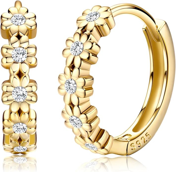 MILACOLATO Solid 925 Sterling Silver Small Hoop Earrings for Women 14K Gold Plated Daisy Huggie H... | Amazon (US)