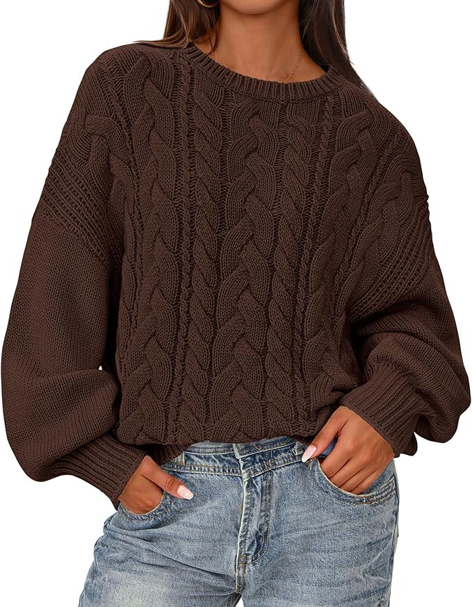 BTFBM Fall Sweaters for Women 2025 Cable Knit Sweater Crew Neck Long Lantern Sleeve Loose Chunky ... | Amazon (US)