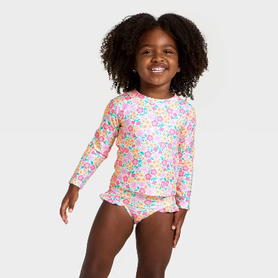 Toddler Girls' Long Sleeve Two Piece Multi Floral  Rash Guard Swimwear Set - Cat & Jack™ Cream 2T | Target