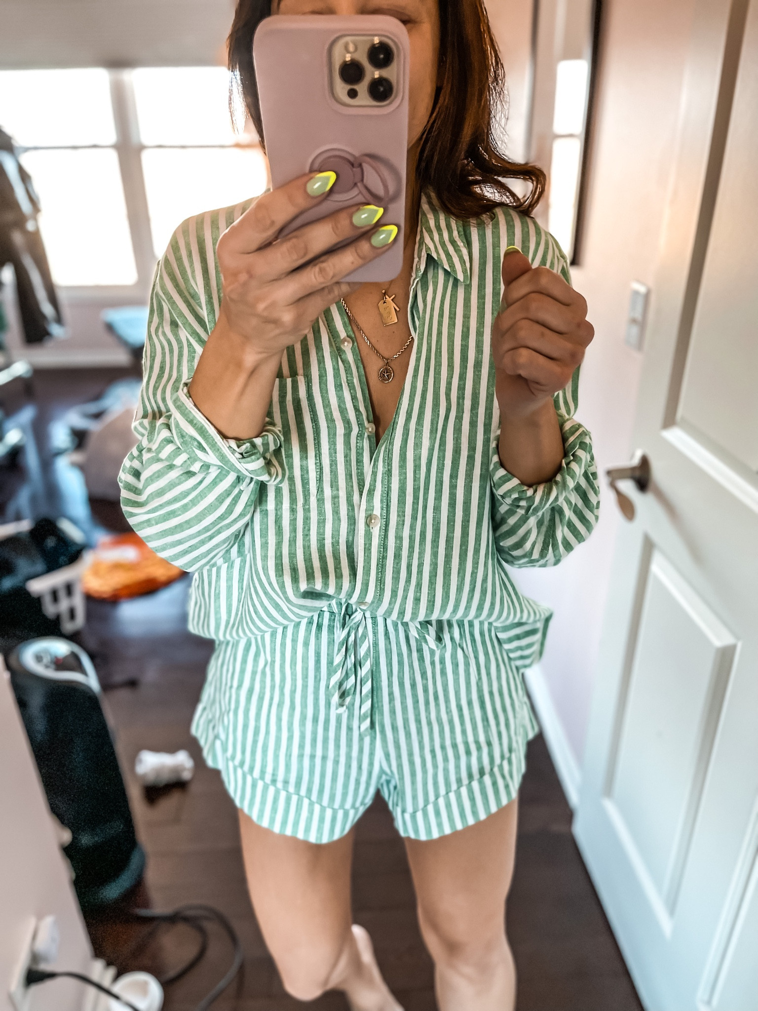 Long sleeve striped button down and matching high waisted cuffed shorts 💚 
- target finds
- gold chain necklaces 
- resort wear, beach day, cover up, spring break, vacation , travel ready outfit 
#ltkfind #ltkunder100 

#LTKunder50 #LTKunder100 #LTKtravel