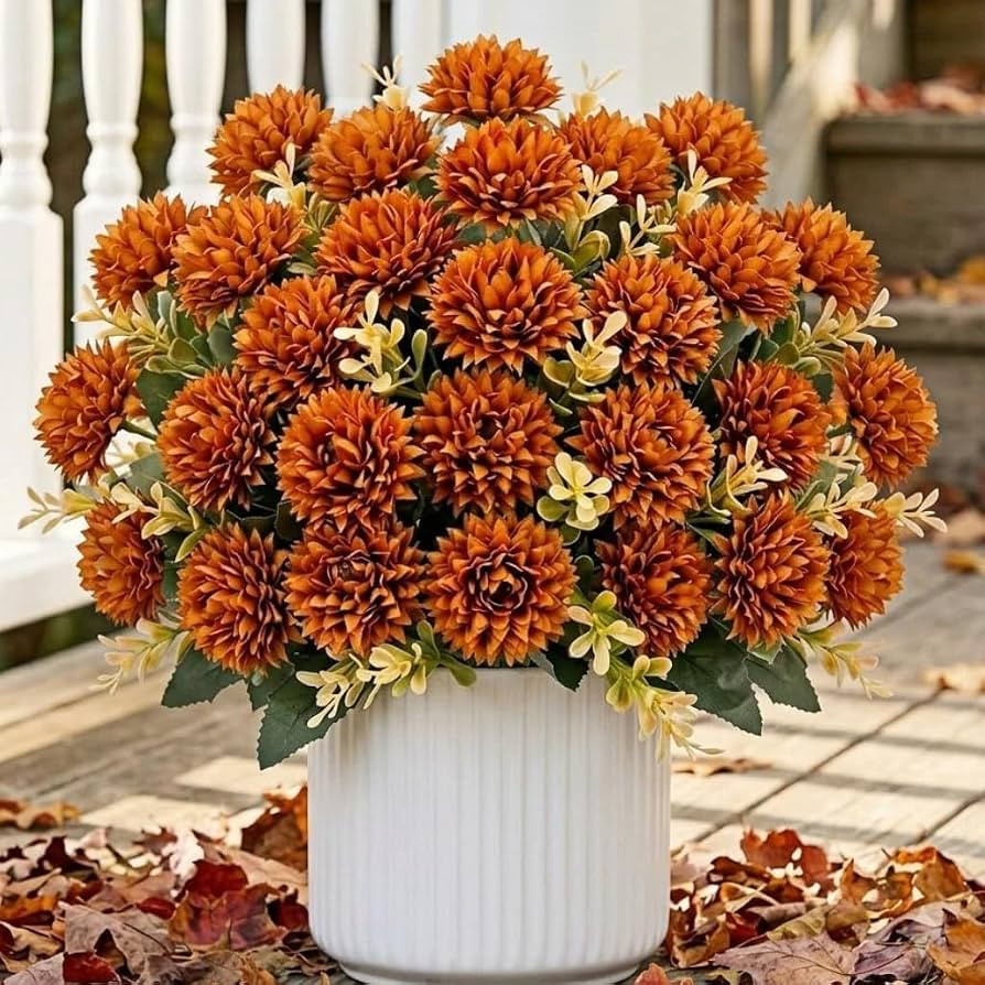 4 Pcs Fake Mums Artificial Flowers for Outdoors, Fall Faux Mums for Outdoor Planters, Burnt Orang... | Amazon (US)