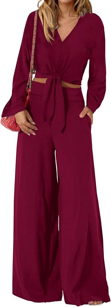 PRETTYGARDEN Women's 2 Piece Outfits 2024 Fall Casual Tracksuits V Neck Long Sleeve Strappy Crop ... | Amazon (US)