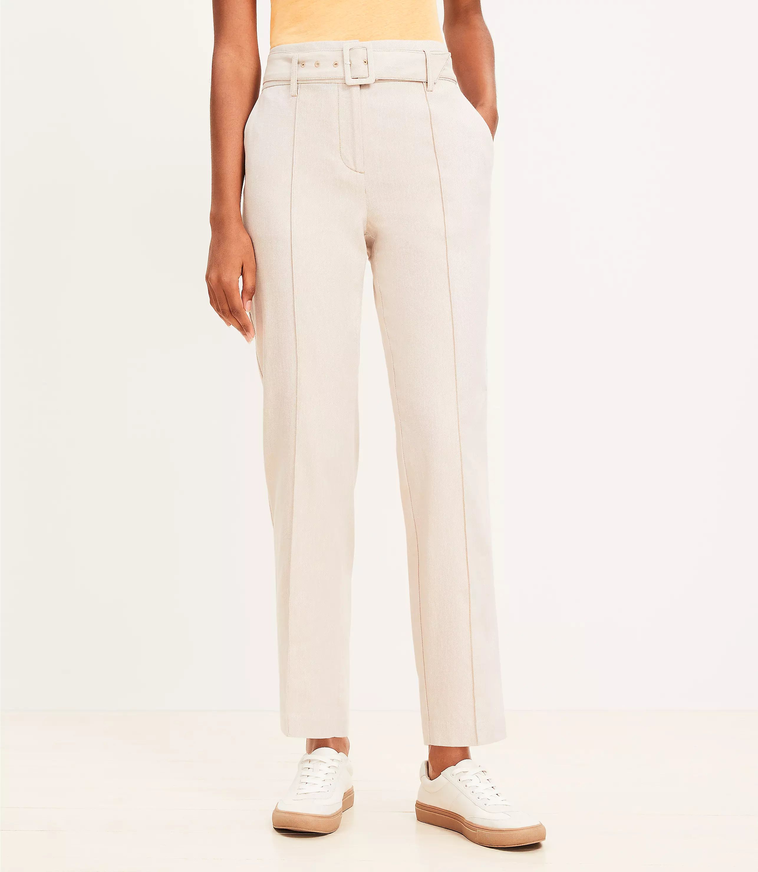 Pintucked Belted Slim Pants in Twill | LOFT